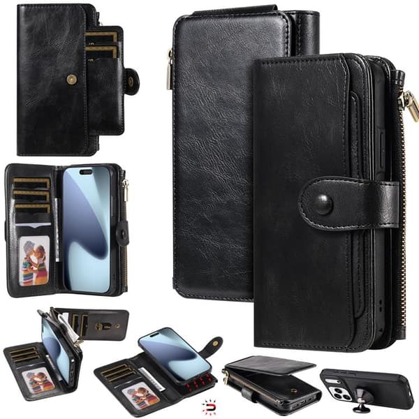 iPhone 17 Pro Konstläder Plånboksfodral Detachable Zipper - Svart Svart