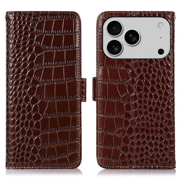iPhone 17 Pro Max Plånboksfodral Äkta läder Crocodile Brun