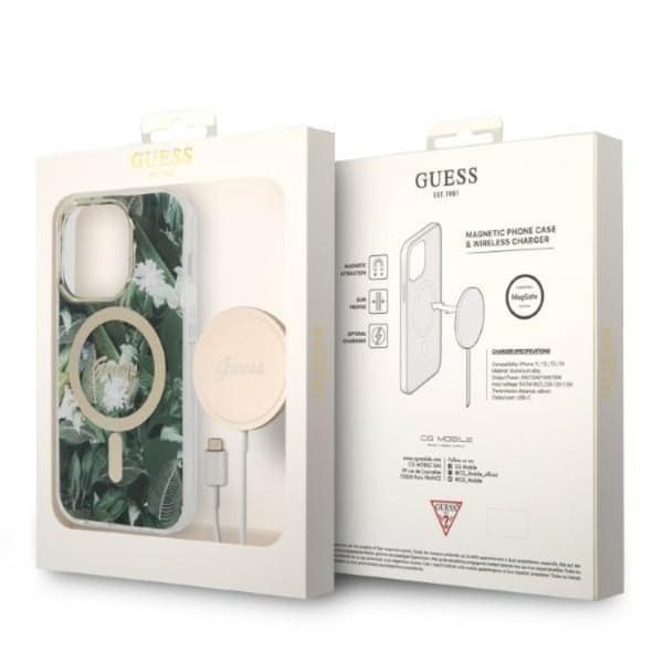 GUESS iPhone 14 Pro Magsafe Skal Jungle + Trådløs Oplader - Grøn Grön