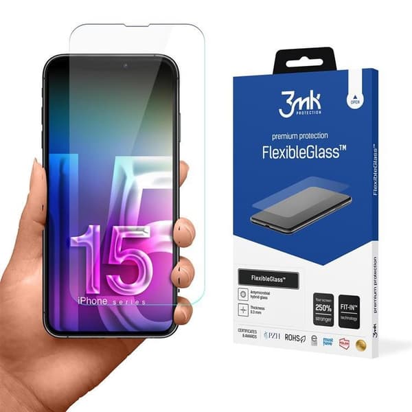 3MK iPhone 15 Plus Hybrid Okrossbart Glas FlexibleGlass Transparent