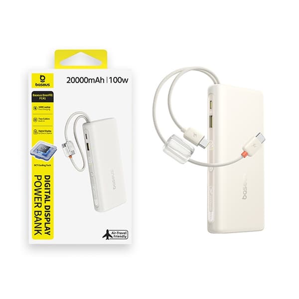 Baseus Powerbank 20000mAh Dual USB-C Kable 100W - Vit Vit