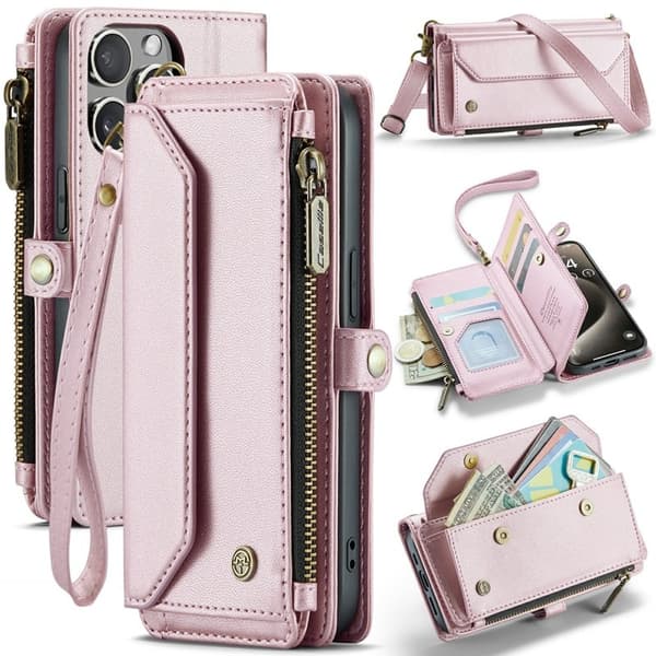 CASEME Plånboksfodral Konstläder till iPhone 15 Pro med kortfack - Rosa