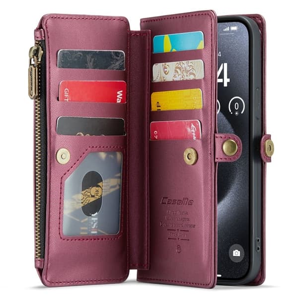 CASEME Plånboksfodral Konstläder till iPhone 15 Pro Max - Vinröd