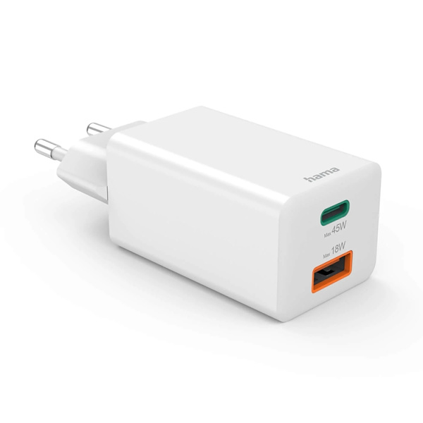 Hama Hurtigoplader 45W 1xUSB-C 1xUSB-A GaN - Hvid Vit