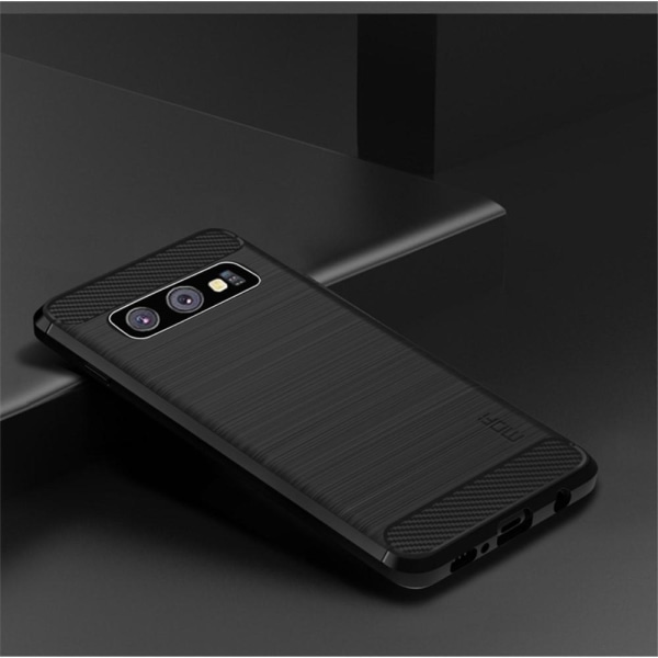 Carbon Børstet Mobiltelefon Taske til Samsung Galaxy S10 - Sort Black