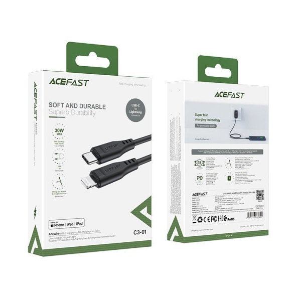 Acefast USB-C-Lightning-kaapeli 30 W 1,2 m - musta