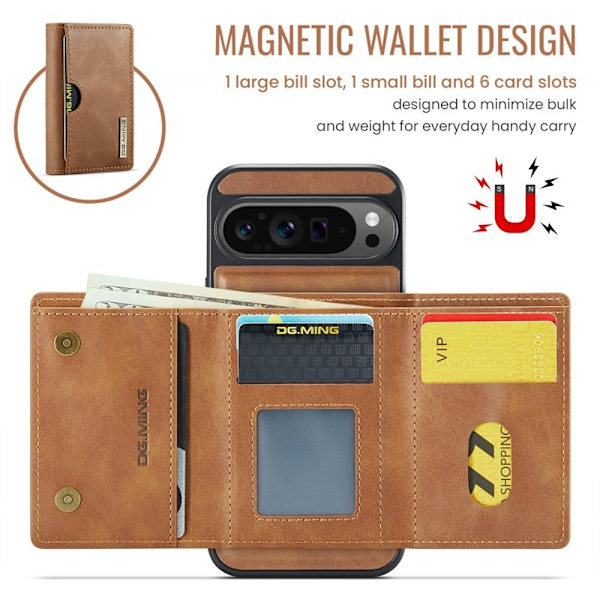 DG.MING M6 Series Konstläder Plånboksfodral för Google Pixel 9 Pro XL - Brun