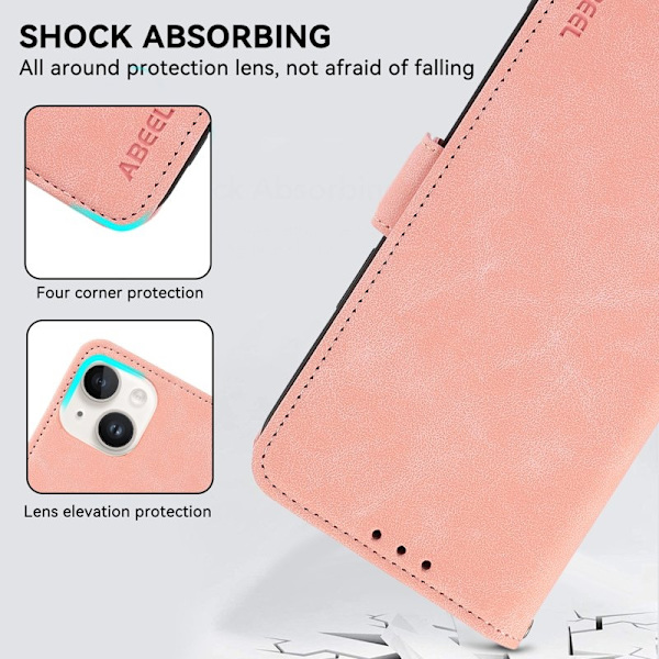 ABEEL iPhone 15 Plus Plånboksfodral Konstläder RFID-Skydd - Rosa