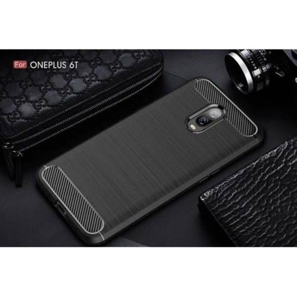 Carbon Børstet Flexicase Cover til OnePlus 6T - Sort Black