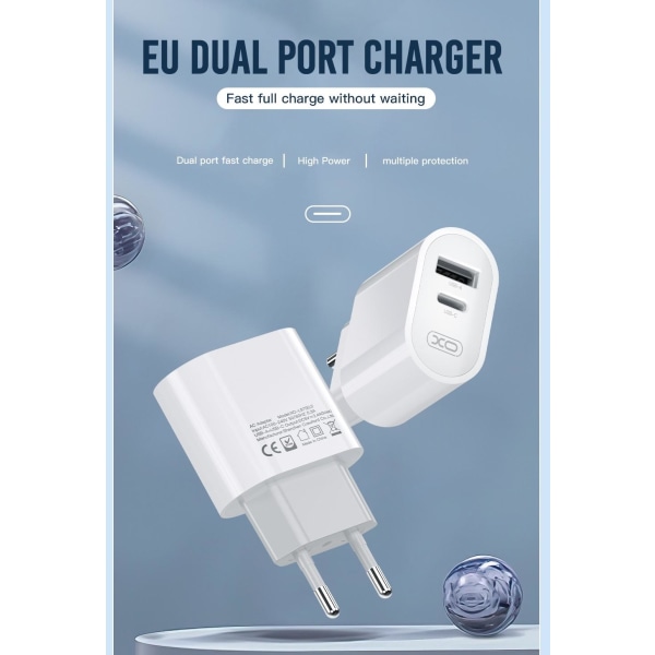 Dual Port Snabbladdare USB-C för iPhone 11/12/13/14,15, Samsung Vit