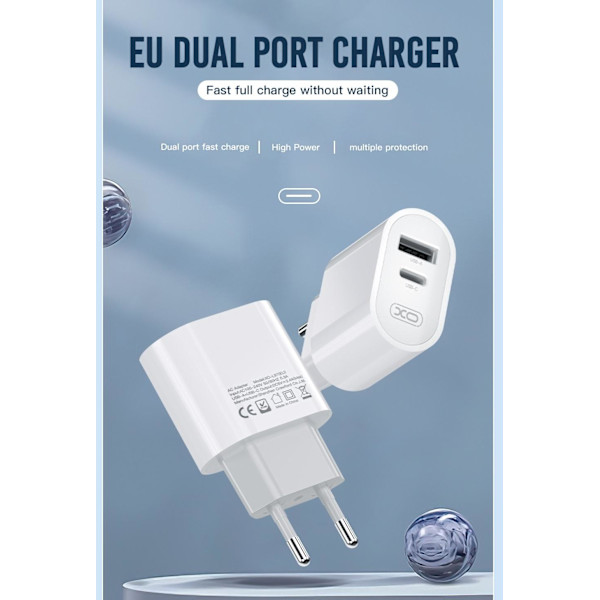 Dual Port Snabbladdare USB-C för iPhone 11/12/13/14,15, Samsung Vit