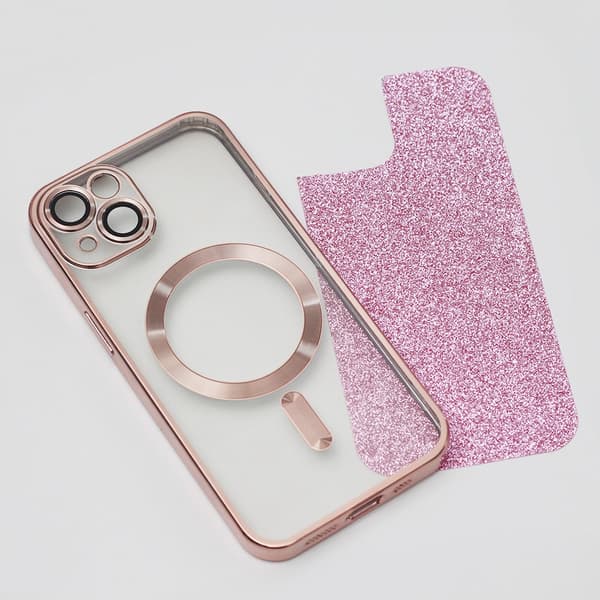 iPhone 15 Plus - 2i1 Magasafe Glitter / Transparent Chrome Skal Rosa Rosa