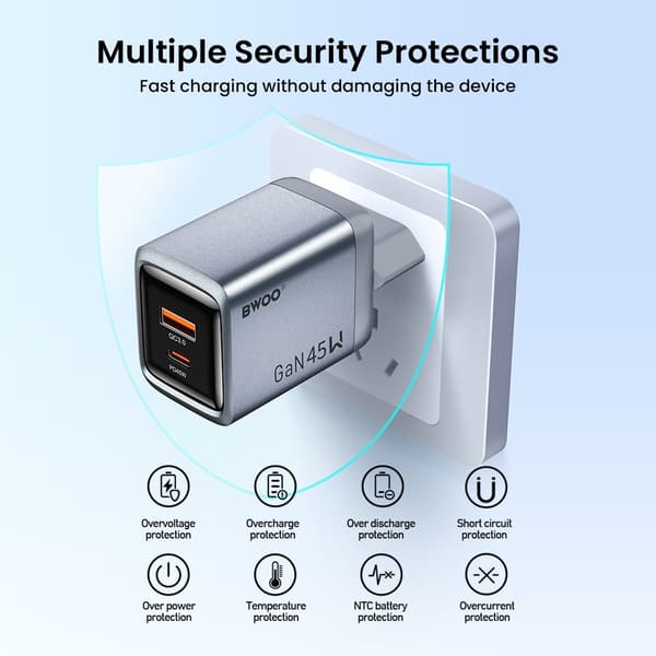 BWOO GaN 45W Snabbladdare USB-C PD & USB-A QC 3.0 PPS Väggladdare Silvergrå