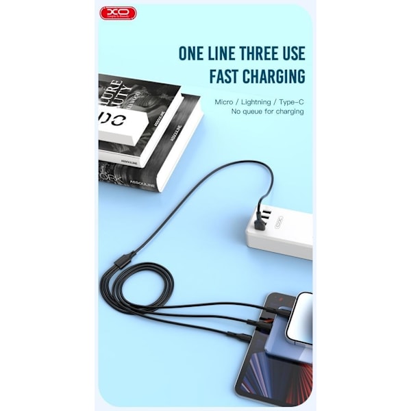 Snabb 3i1 USB till Lightning + USB-C + microUSB kabel 2,4A, 1,0m Svart
