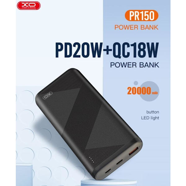 Snabbladdning 20000mAh QC18W - PD 20W USB-C Powerbank Svart