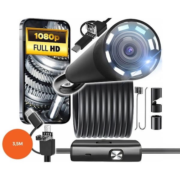 Vattentät 3.5m Endoscope inspektionskamera 3.5m lens 8/7/5.5mm USB-C/Micro-USB Svart