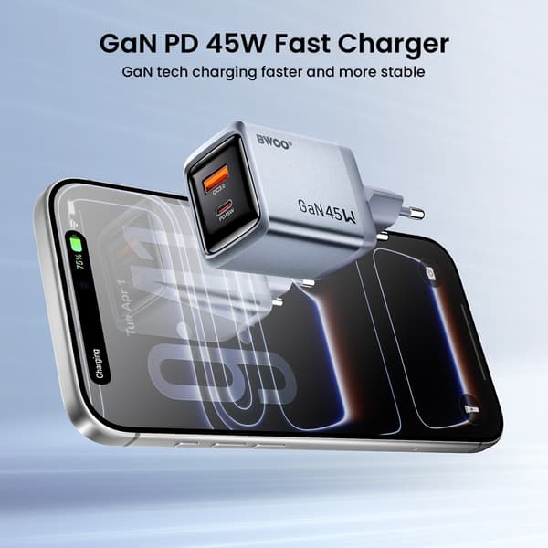 BWOO GaN 45W Snabbladdare USB-C PD & USB-A QC 3.0 PPS Väggladdare Silvergrå
