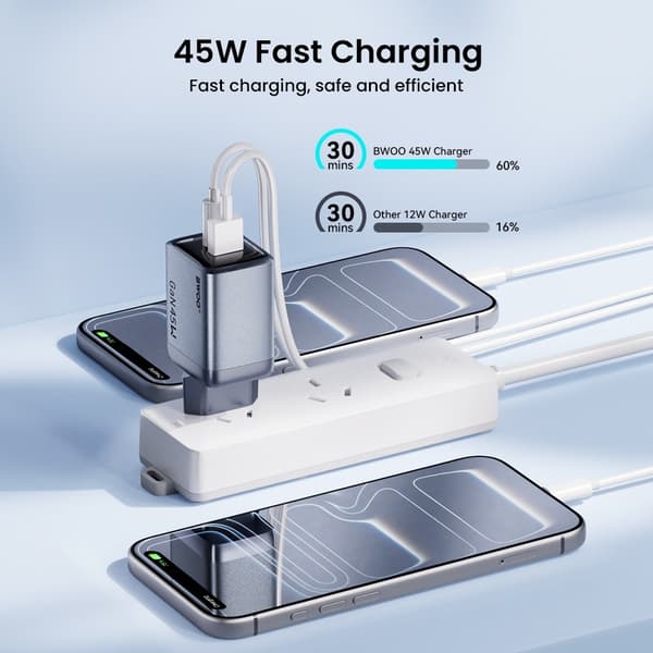 BWOO GaN 45W Snabbladdare USB-C PD & USB-A QC 3.0 PPS Väggladdare Silvergrå