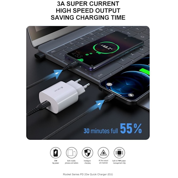20W USB-C Snabbladdare PD för iPhone 11/12/13/14, Samsung Vit
