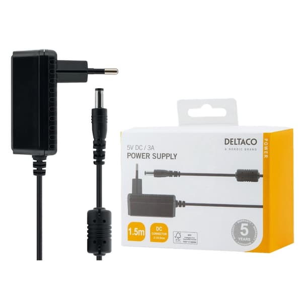 DELTACO 5V 3A AC Adapter 1.5m – DC 5.5x2.1mm Strömadapter – Svart Svart