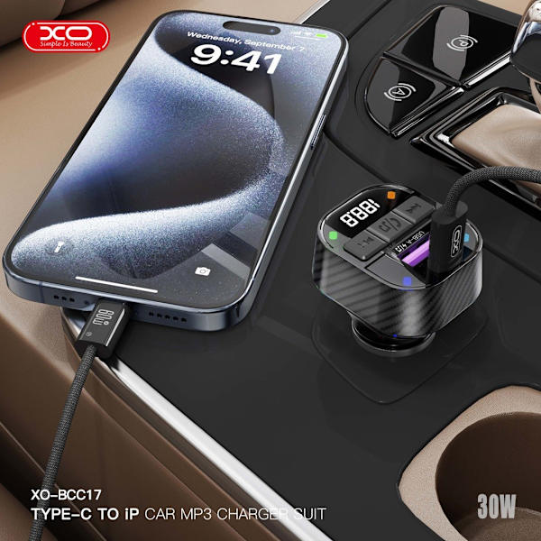 XO Bluetooth FM Sändare med 1 X USBC, 2XUSB Billaddare Svart