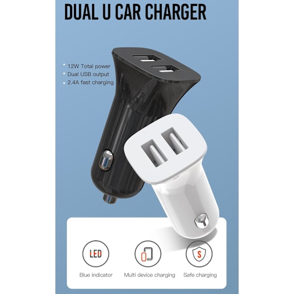 Universal 12W Billaddare Snabbladdning Dual USB 2,4Amp Vit