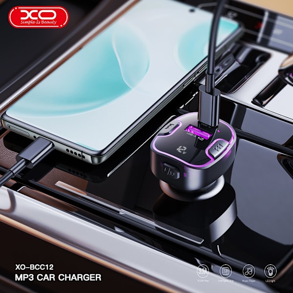 XO Bluetooth FM Sändare med USB-C & USB snabbilladdare Svart