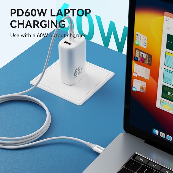 60W USB-C To USB-C PD Premie Snabbladdning kabel iPhone15/16, Samsung Vit