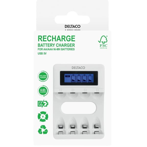DELTACO Batteriladdare AA/AAA – NiMH Laddare med Display (4 Platser) Silver