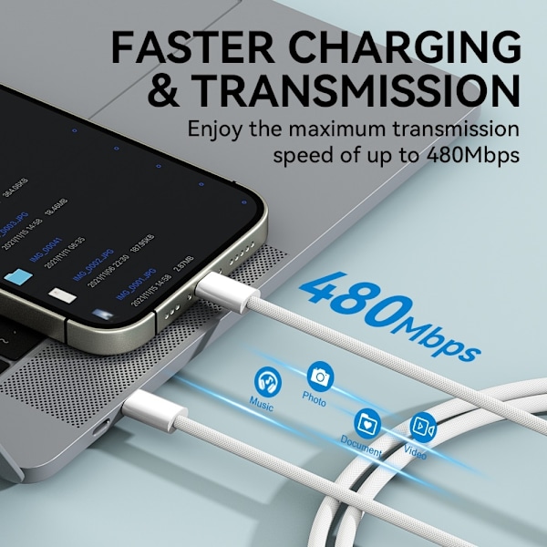 PD Snabbladdning 60W USB-C To USB-C kabel till iPhone15/16 Vit