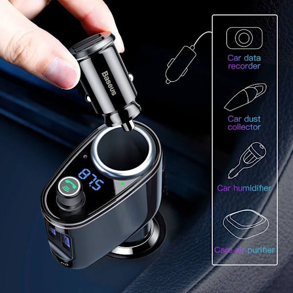 Bluetooth FM Sändare QC 3.4A MP3 Billaddare 2XUSB Baseus Svart