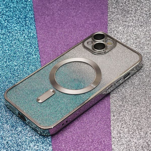 iPhone 15 Plus - Magasafe 2i1 Glitter / Transparent Chrome Skal Silver Silver
