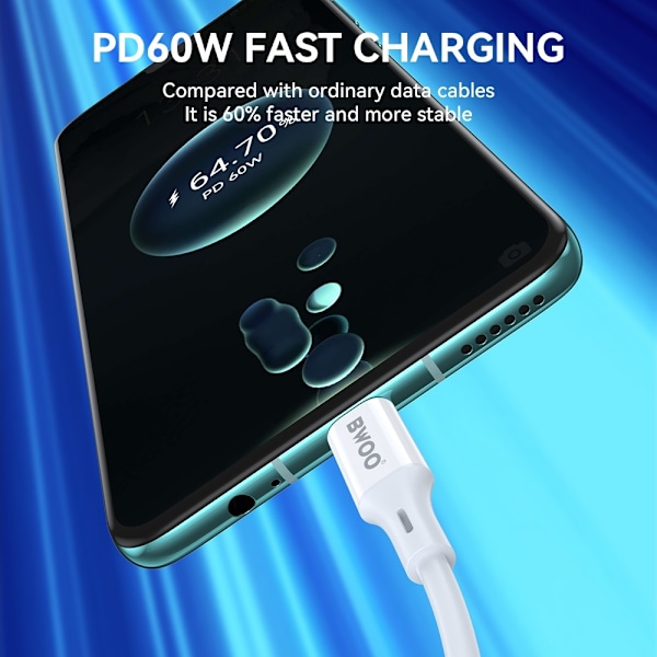 60W USB-C To USB-C PD Premie Snabbladdning kabel iPhone15/16, Samsung Vit