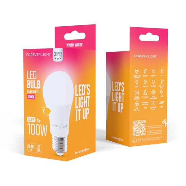 [2-PACK] Forever Light LED E27 A60 Glödlampa 12.8W 1520lm 3000K Varmvit 100W Ekvivalent Vit