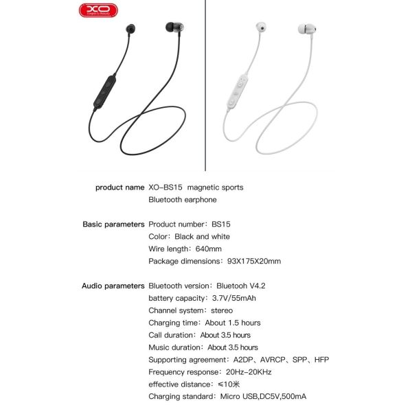 Trådlös XO-BS15 Bluetooth Sport hörlurar Magnetic Neckband Vit