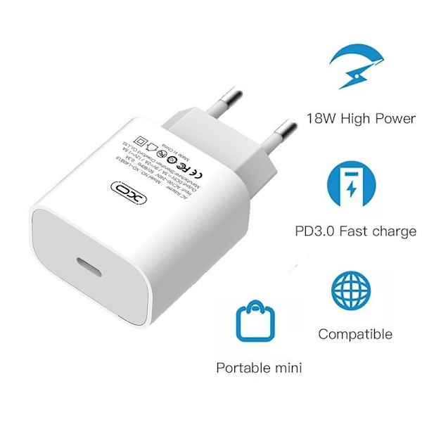 18W PD USB-C Snabbladdare för iPhone 11/12/13/14, Samsung Vit