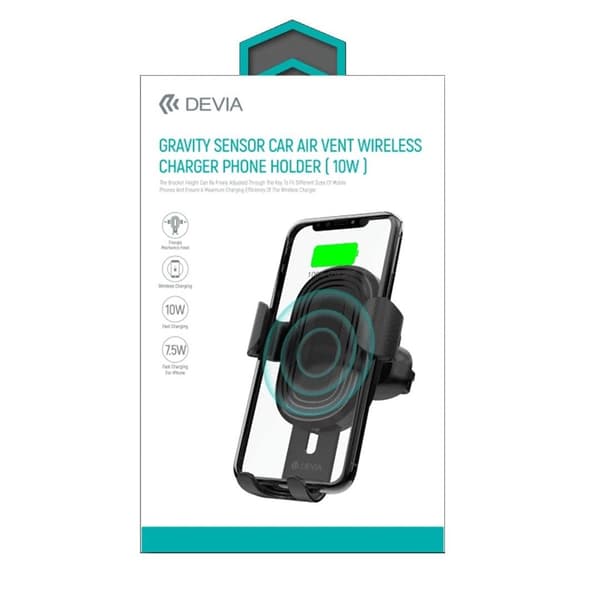 DEVIA Luftventil Bilhållare med 10W Qi Trådlös laddare Svart