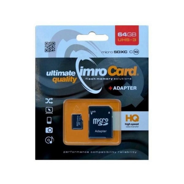 IMRO 64GB microSDXC Klass-10 UHS-3 Minneskort med Adapter Svart