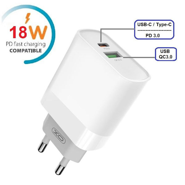 18W PD USB-C Snabbladdare för iPhone 11/12/13/14, Samsung Vit