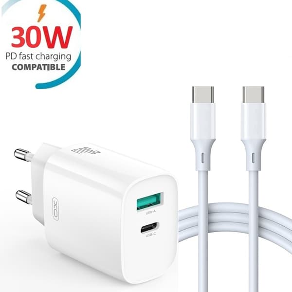 Snabbladdare 30W för iPhone / Samsung  Dual Port USB-C med USB-C Kabel Vit