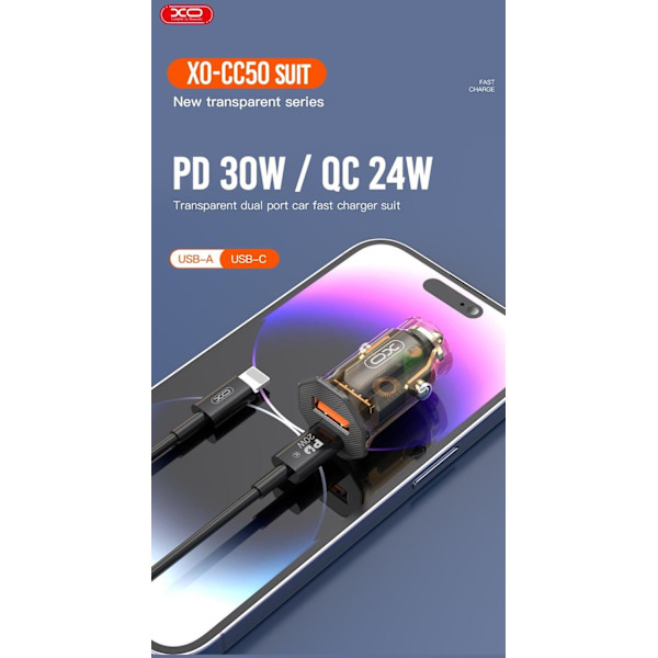 Snabbladdning Billaddare USB-C PD 30W / USB-A QC 24W Brun