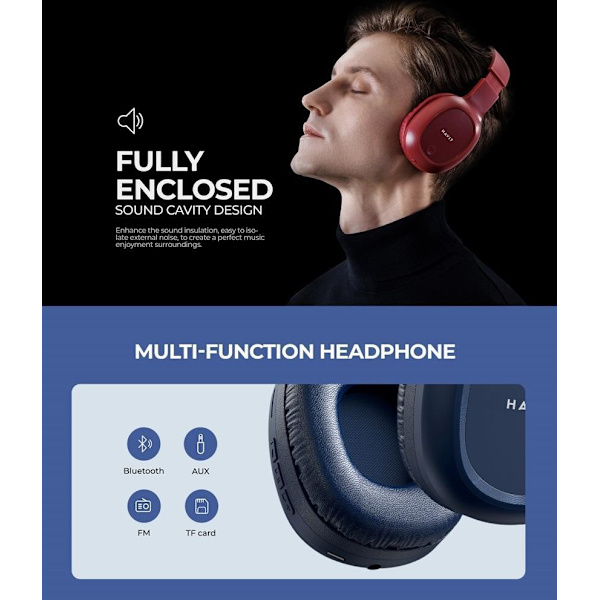 Trådlösa Stereo On-Ear Bluetooth V5.1 Hörlurar AUX/TF/ FM -HAVIT Röd