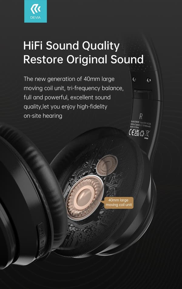 Trådlösa Bluetooth HD 40mm hörlurar Devia Kintone Vikbara On-Ear - Blå Blå