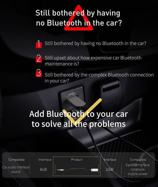 Baseus BA01 USB Bluetooth Sändare Bil AUX 3,5mm Adapter Svart
