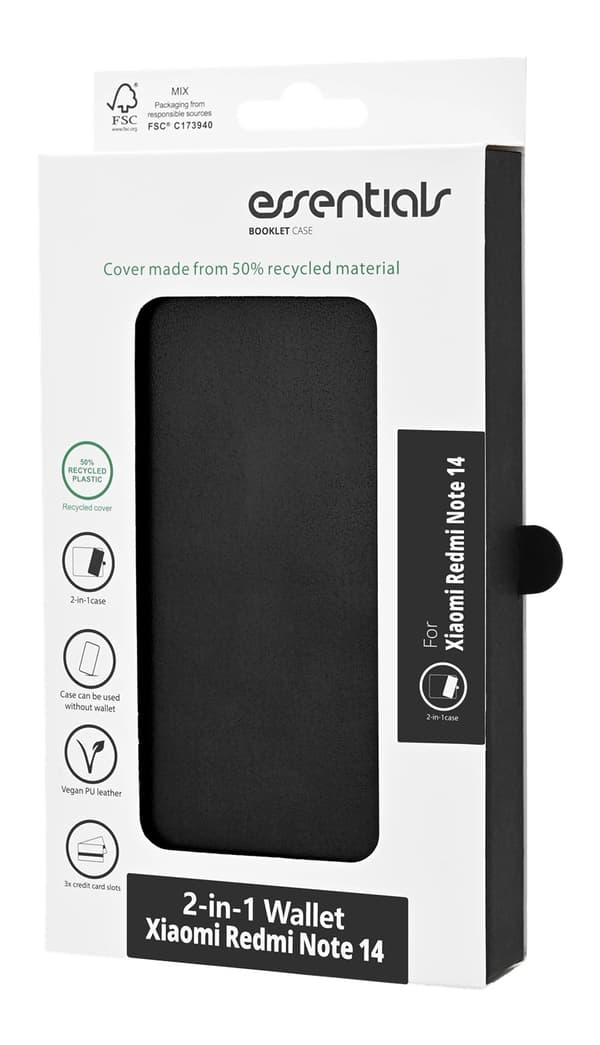 Xiaomi Redmi Note 14 - Essentials Ekoläder 2-i-1 Löstagbart Plånboksfodral Svart Svart