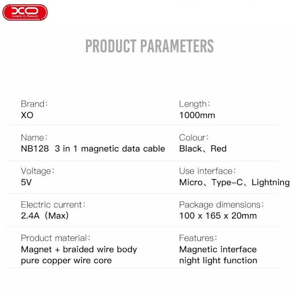 3-i-1 Magnetic Lightning / USB-C 2.4Amp Laddningskabel -100cm Svart
