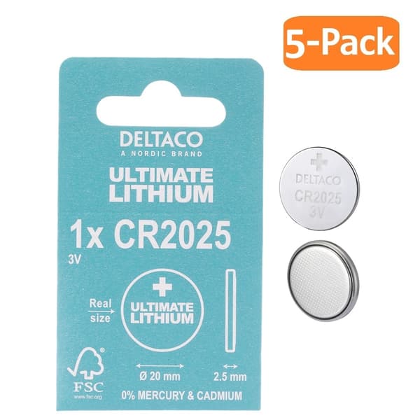 DELTACO 5-Pack CR2025 Ultimate Batteri 3V Lithium, Knappcellsbatteri Silver
