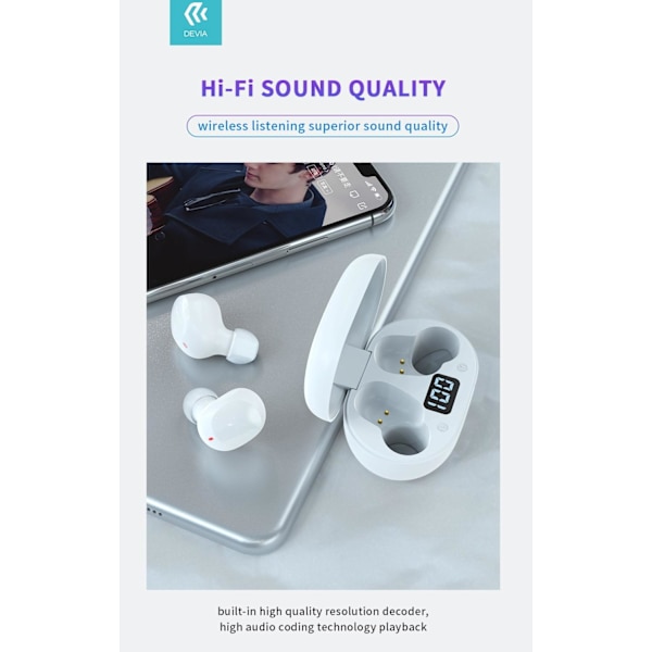 TWS Bluetooth V5.0 Trådlös Hörlurar med Laddbox DEVIA JOY White