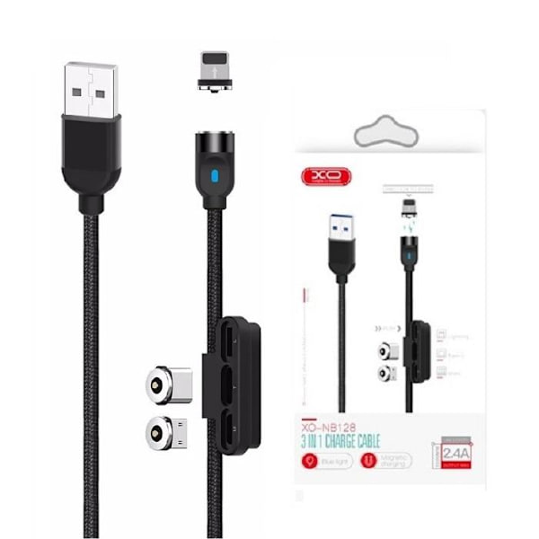 3-i-1 Magnetic Lightning / USB-C 2.4Amp Laddningskabel -100cm Svart