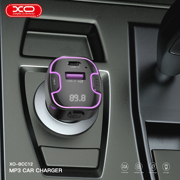 XO Bluetooth FM Sändare med USB-C & USB snabbilladdare Svart